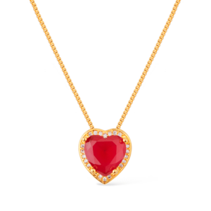 Colar Dourado de Pedra Natural Vermelha Coração Cravejado de Zircônia